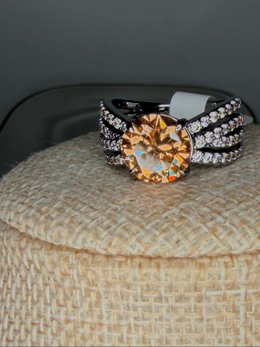 Silver tone Ring with Champagne Cubic Zirconia and Pavé Accents sz8